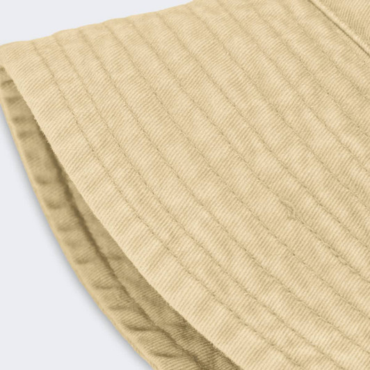 A beige bucket hat with a textured fabric and a wide brim, featuring a logo on the side.