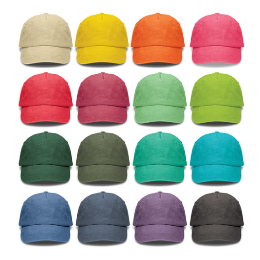 A collection of vintage washed caps in various colours, including yellow, orange, pink, green, and blue, arranged in a grid.