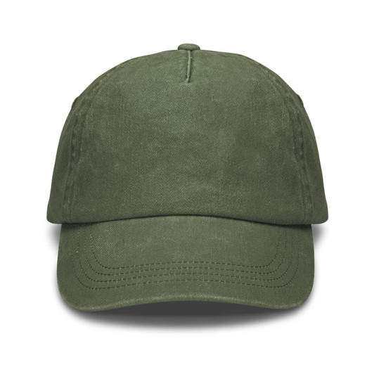 A vintage washed cap in olive green with a curved brim and a logo on the front.