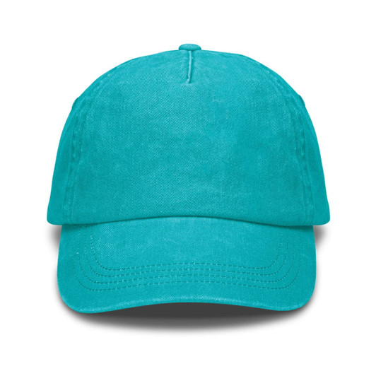 A vintage washed cap in a vibrant turquoise colour, featuring a curved brim and a logo on the front.