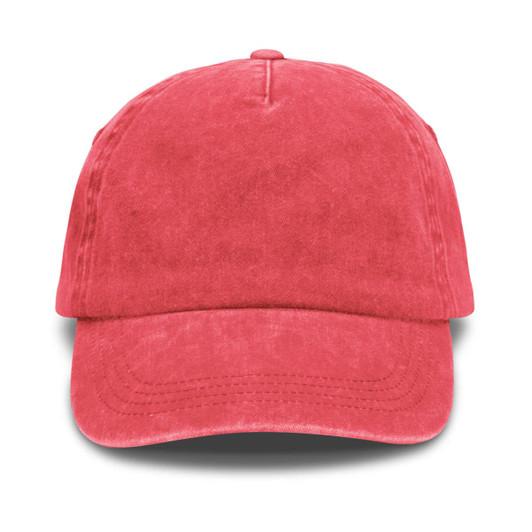 A vintage washed cap in a vibrant coral shade, featuring a curved brim and a logo on the front.