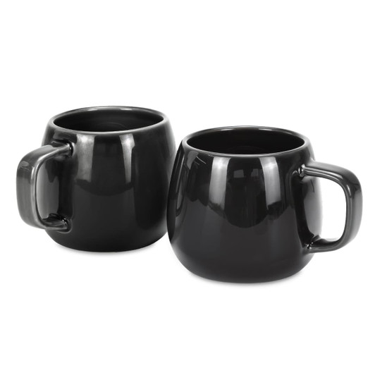 A set of two glossy black coffee mugs with rounded shapes and convenient handles.
