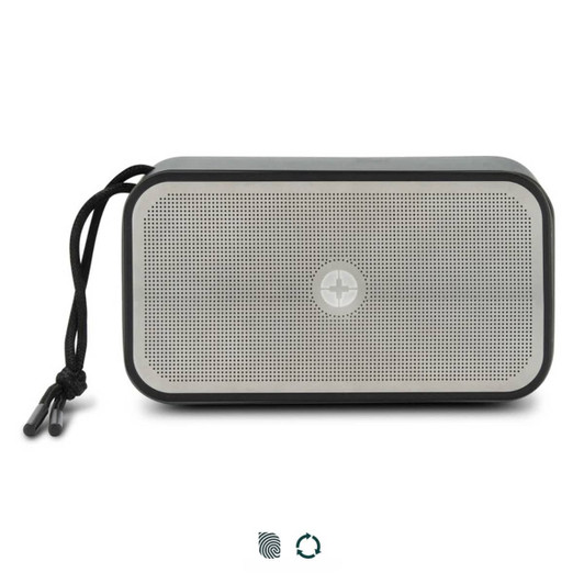 A rectangular grey and silver 10W bass speaker with a textured surface and a detachable strap. It features a logo.