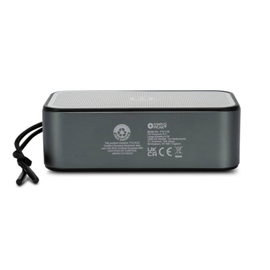 A grey Bluetooth speaker with a mesh top and a side strap, featuring branding and various technical labels on the back.