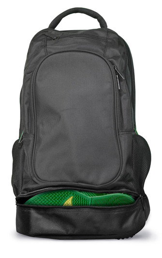 A black backpack with green accents featuring multiple compartments and mesh side pockets. It includes a logo.