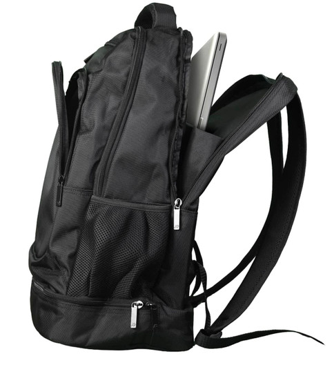 A black backpack featuring multiple zippered compartments and mesh pockets, with a laptop partially visible inside.