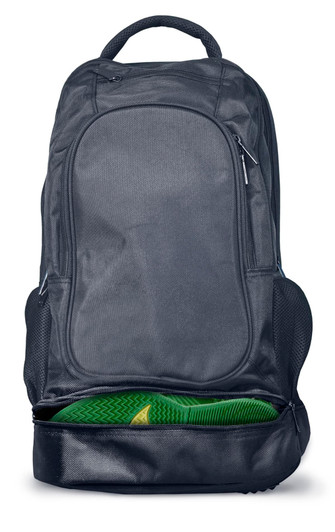 A dark grey backpack with a large main compartment and mesh side pockets. It features a zippered front pocket.