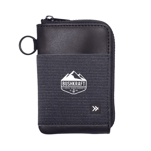 A black and grey zippered wallet featuring a logo on the front and a round zip pull.