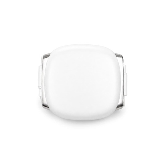 A white cable reel with a smooth, rounded design and metal accents. It features a logo on one side.
