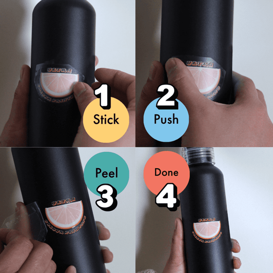 A black drink bottle with a colourful decal being applied, demonstrating four steps of the application process.