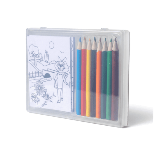 A sketch set containing coloured pencils in various colours and a notepad with a cartoon drawing. The set is in a clear case.