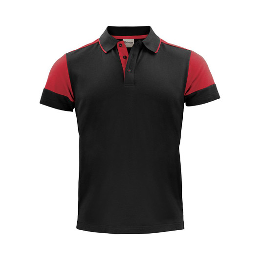 A black and red polo shirt with a collar, short sleeves, and a logo on the chest.