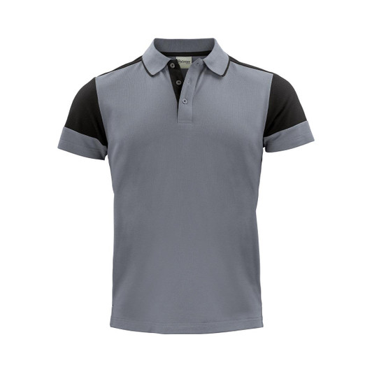 A polo shirt with a grey body and black sleeves, featuring a collar and button placket. It has a logo on it.