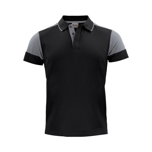 A black and grey polo shirt featuring a collar, short sleeves, and a logo on the chest.