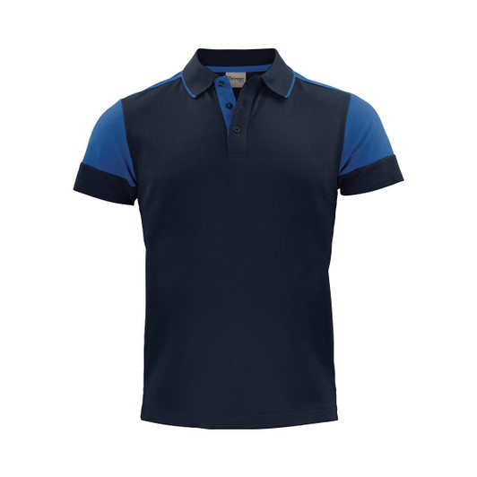 A navy blue polo shirt with blue sleeves and a collar, featuring a branding logo.