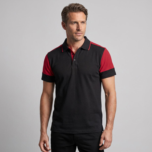 A men's polo shirt in black with red sleeves and collar, featuring a logo on the chest.