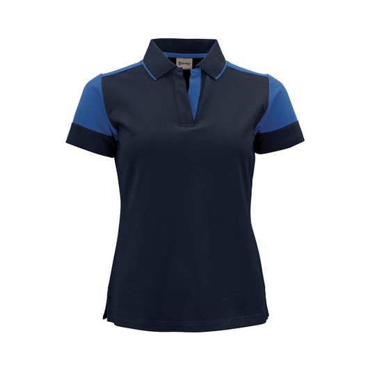 A women's polo shirt in navy with blue accents, featuring a collared neckline and a logo.