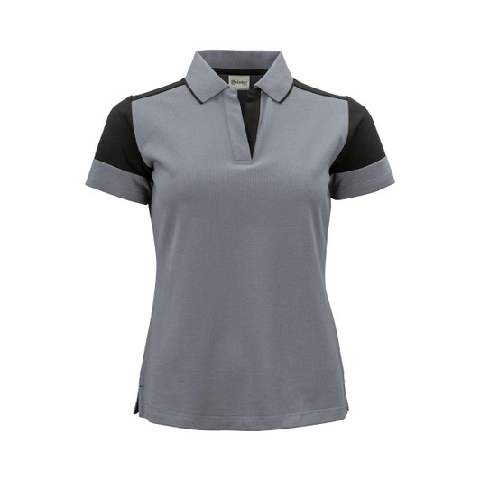 A women's polo shirt in grey with black sleeves and collar, featuring a subtle design and a logo.