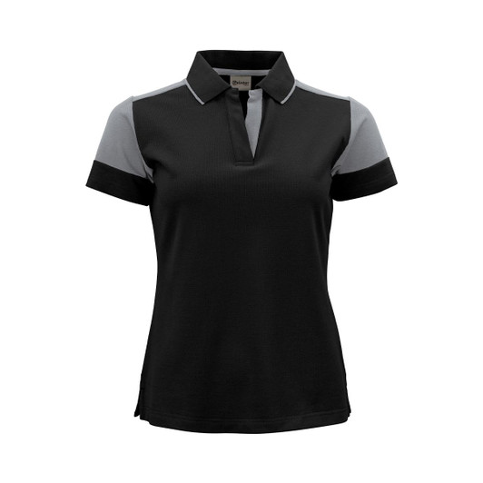 A women's black and grey polo shirt with short sleeves and a collar, featuring a logo.