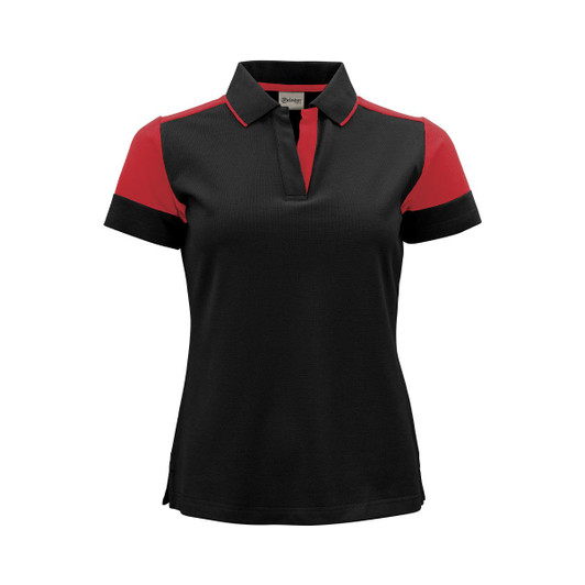 A women's polo shirt featuring a black body with red sleeves and a collar, designed with a logo.