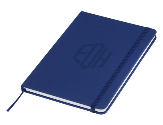 A navy blue A5 notebook with a textured cover and a matching elastic band closure.