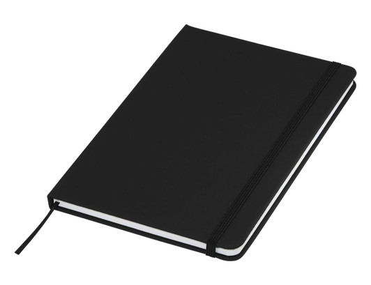 A black A5 notebook with a smooth cover, elastic closure, and a ribbon bookmark. It features a logo.