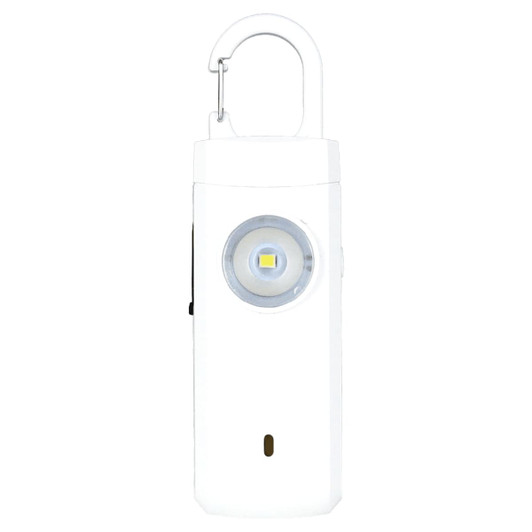 A white safety alarm keychain featuring a circular light and a carabiner hook for easy attachment.