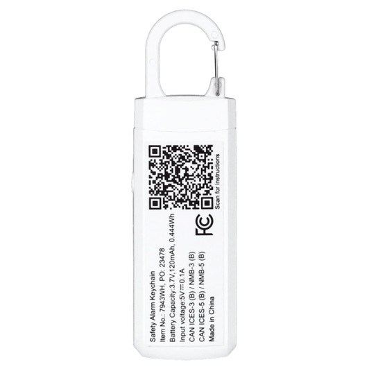 A white safety alarm keychain featuring a hook for attachment and a branding logo on one side.
