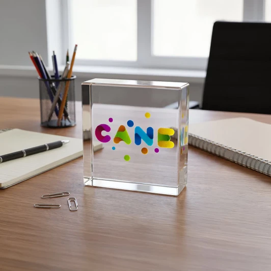 A clear acrylic block with colourful letters and dots, placed on a wooden desk alongside pens, notepads, and paperclips.