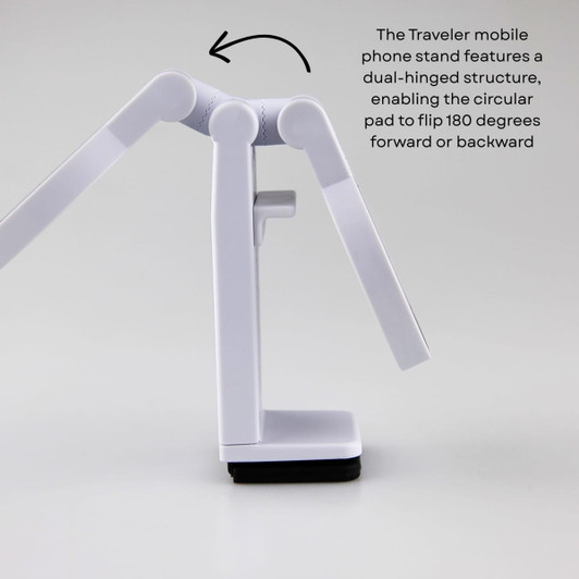 A white dual-hinged mobile phone stand with a circular pad and a flat base, designed for stability.