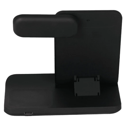 A black 3-in-1 wireless charger stand with a vertical holder for devices and a base for charging.