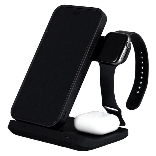 A black 3 in 1 wireless charger featuring a phone stand, an Apple Watch holder, and a space for earbuds.