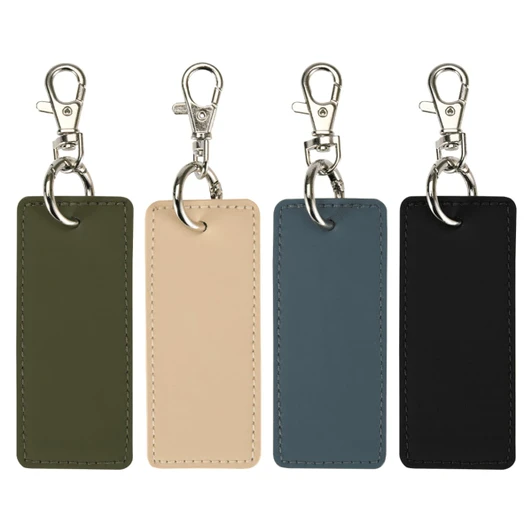 A set of four rectangular keychains in green, beige, blue, and black, each with a silver clip and ring.