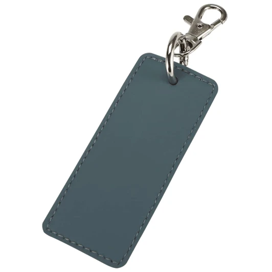 A rectangular keychain in a blue-grey colour with a silver clip and stitching detail.