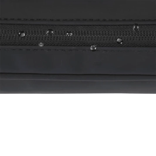 A black tech pouch featuring a textured zipper with beads of water on its surface. It has a logo.