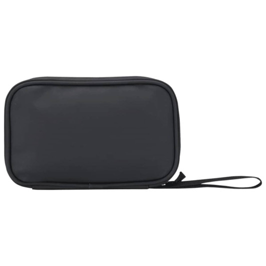 A black tech pouch with a zipper closure and a wrist strap, featuring a logo on the surface.