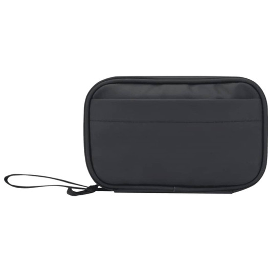 A black recycled tech pouch with a zip closure and a wrist strap. It has one outer pocket and a logo.