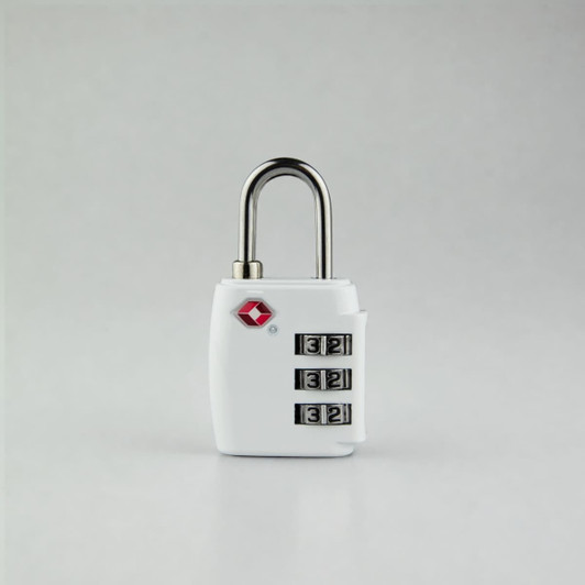 A white portable TSA luggage lock with a silver shackle and a combination dial. It features a small logo on the body.