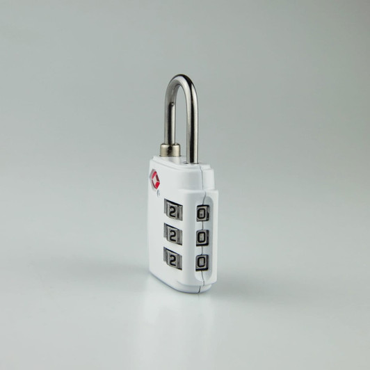 A portable white luggage lock with a silver shackle and a four-digit combination dial, featuring a logo.