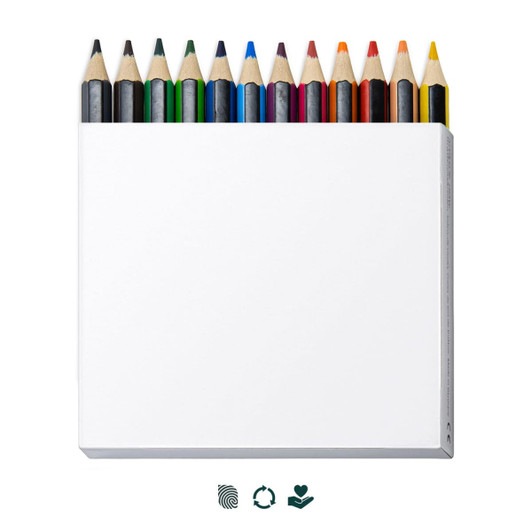 A box of 12 colouring pencils in various colours, featuring a simple design and a logo on the packaging.