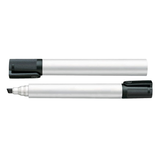 A whiteboard marker with a chisel tip, featuring a black cap and a sleek silver barrel. It has a brand logo.