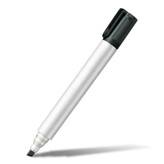 A whiteboard marker with a chisel tip, featuring a white barrel and a black cap. It has a logo on the cap.