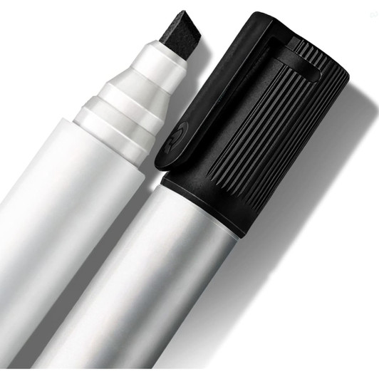 A whiteboard marker with a chisel tip, featuring a black cap and a silver barrel. It includes a logo.
