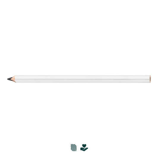 A carpenter's pencil in white with a sharpened point, featuring a simple design and branding.