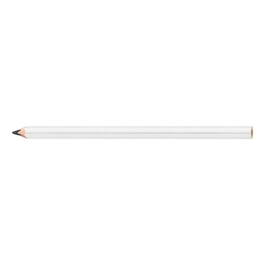 A carpenter's pencil in white with a sharpened graphite tip, featuring a simple design and a branding logo.