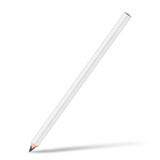 A white carpenters pencil with a sharpened graphite tip, featuring a simple design and a subtle logo.