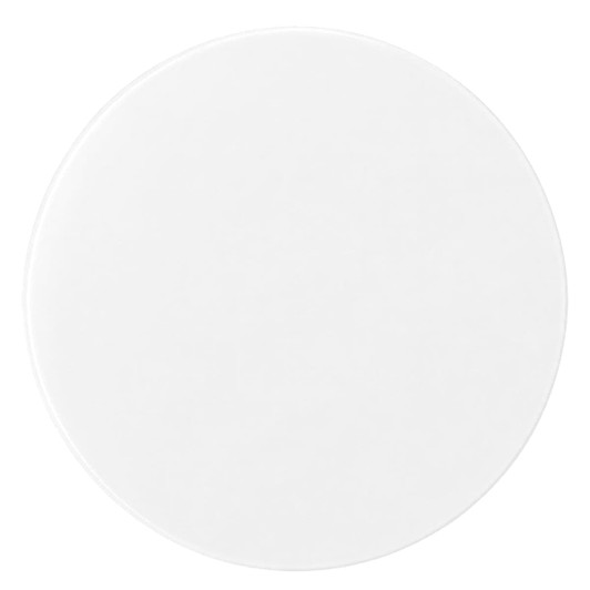 A round, white makeup mirror with a sleek design. It features a reflective surface and has a logo.