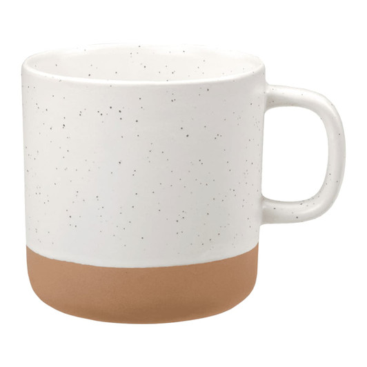 A ceramic coffee mug with a speckled white design and a tan base, featuring a handle and a glossy finish.