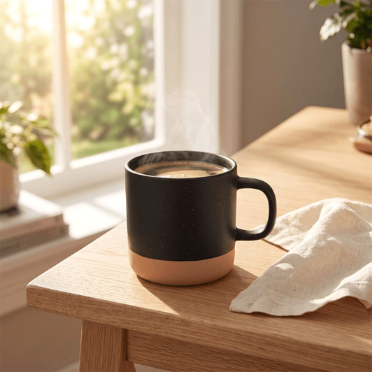 A black and terracotta ceramic coffee mug with steam rising, placed on a wooden table near a window.