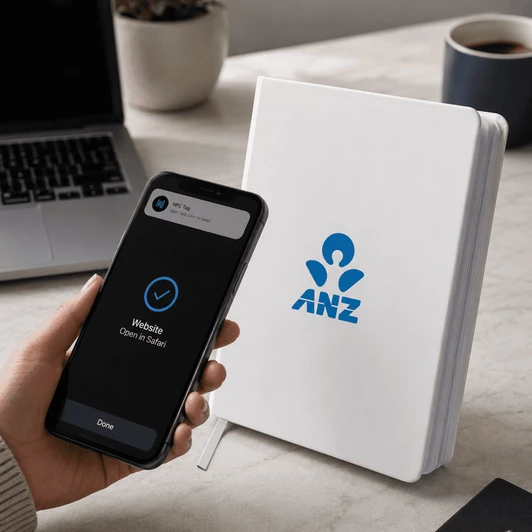 A white NFC A5 Smart Notebook next to a smartphone displaying a notification, with a laptop in the background.